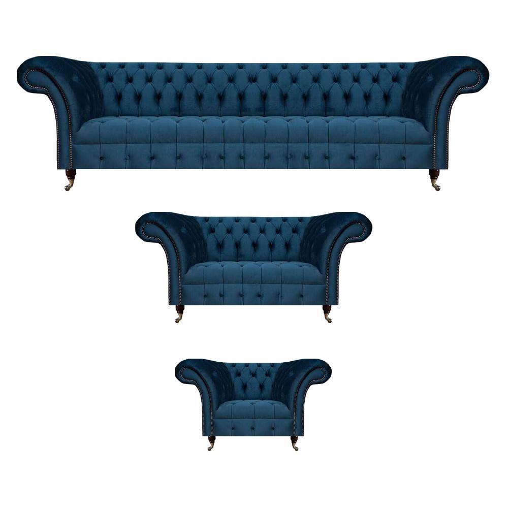 Sofa set blue luxury complete 3-piece seating furniture Chesterfield upholstered seat new