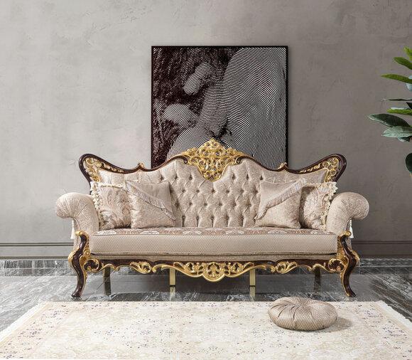 Three-seater sofa 3-seater upholstered sofa fabric sofa beige baroque polyester