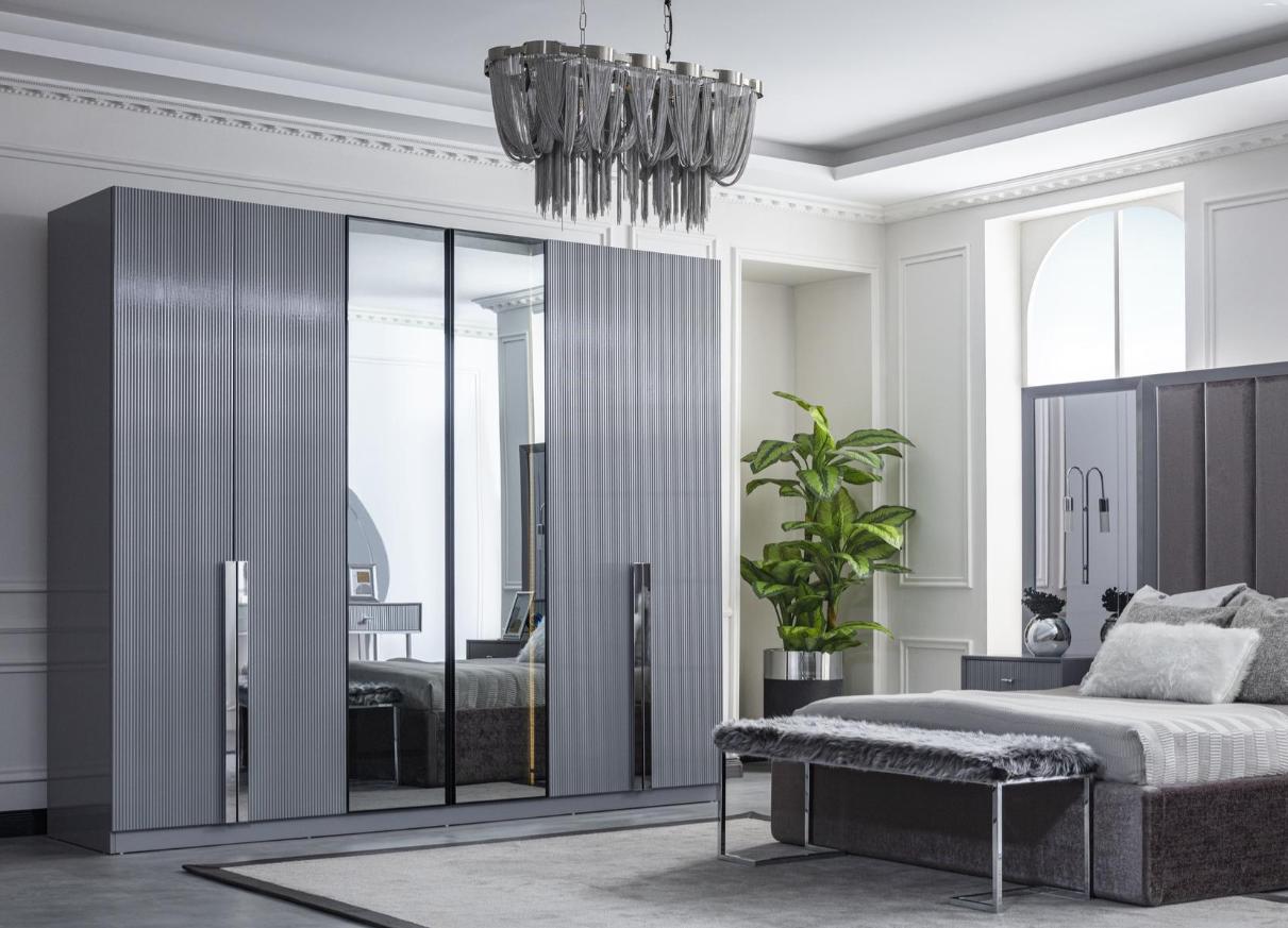 Grey bedroom glass cabinet Modern wardrobe Fine wooden furniture