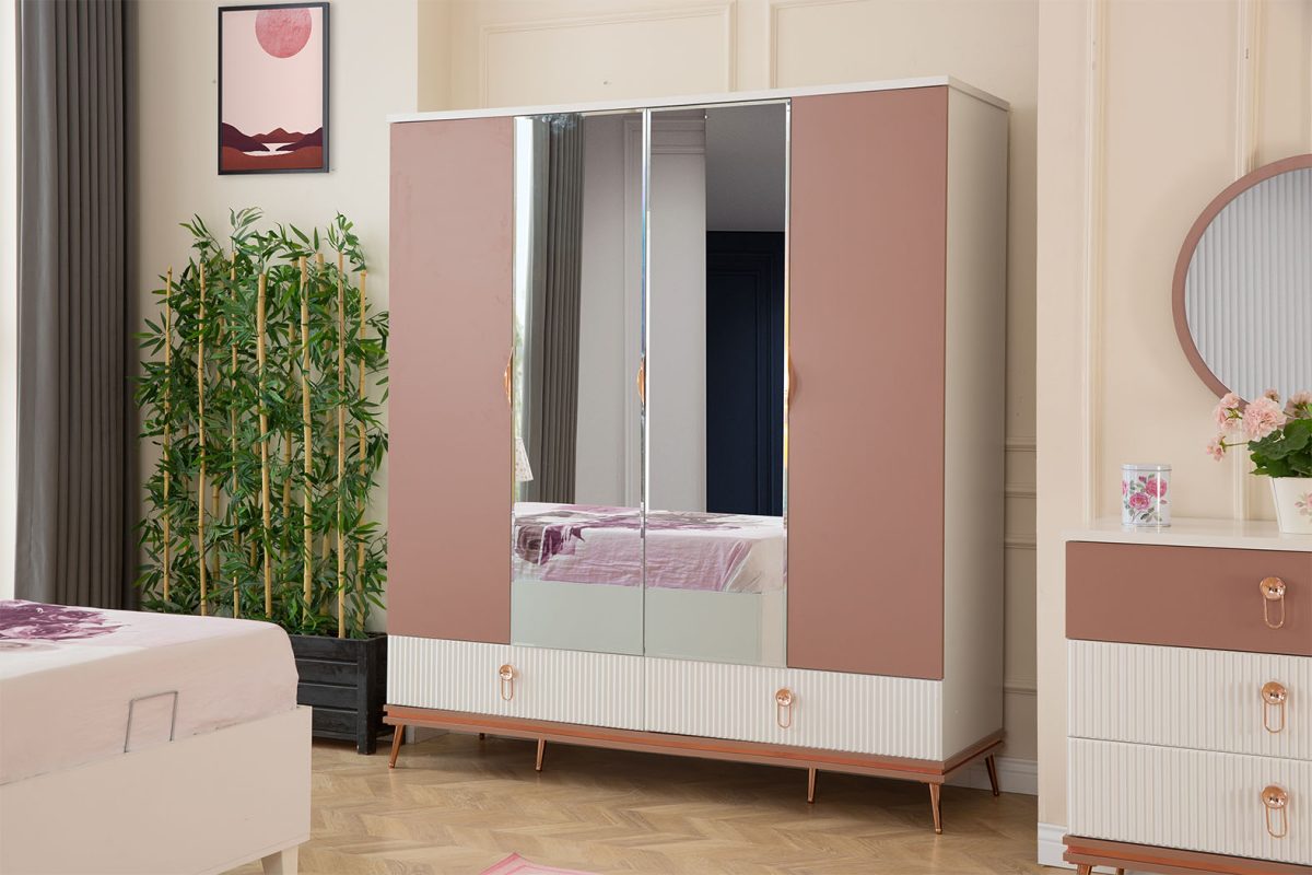 Modern children\'s room glass cabinet wooden wardrobe 4-door furniture