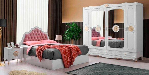 Bedroom set 4pcs bed nightstands wardrobe white plain modern style