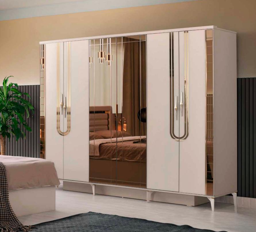 Rectangular beige wardrobe bedroom glass cabinet wooden closet