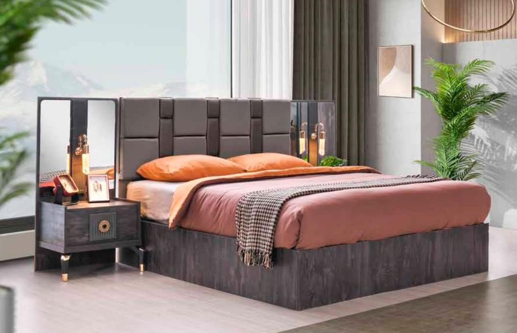 Chic bedroom furniture dark grey bed 2x wooden bedside tables 3pcs