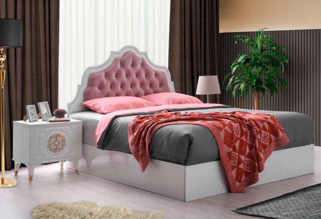 White-pink bedroom furniture Chesterfield bed 2x wooden bedside tables 3pcs