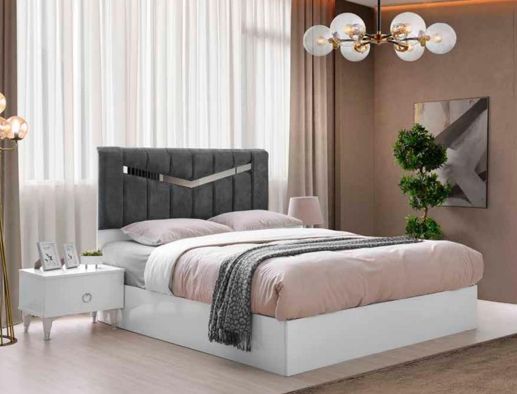 White-Gray Bedroom Furniture Designer Set Double Bed Bedside Tables