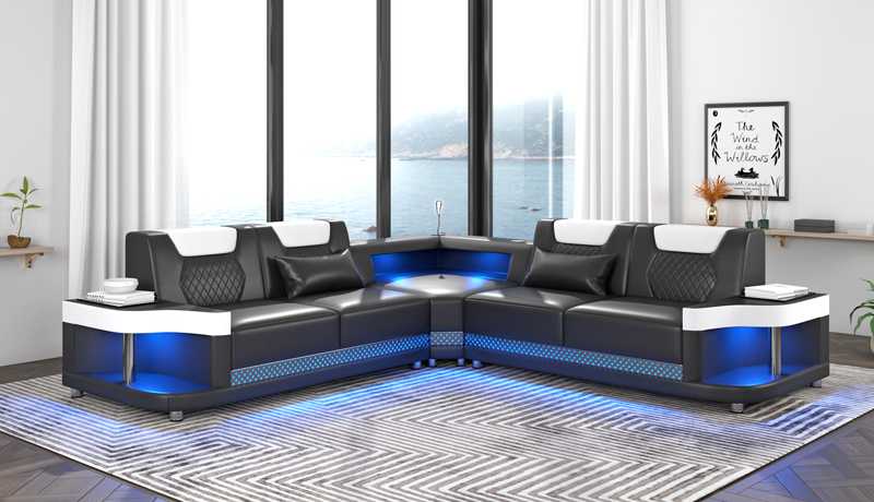 Couch Black Corner Sofa Leather Sofa L Shape Sofa Modern Corner Set LED