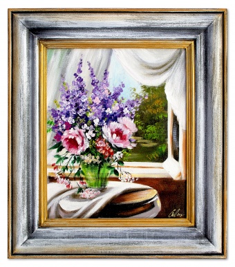 Bouquet of flowers in window handmade oil paintings canvas G03414