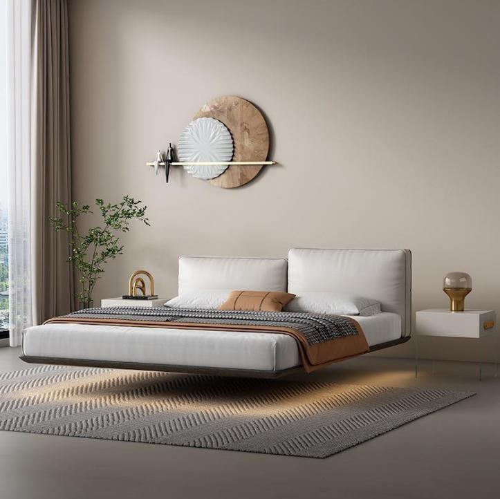 White wall bed Designer LED bed Modern bedroom Double bed on Stock