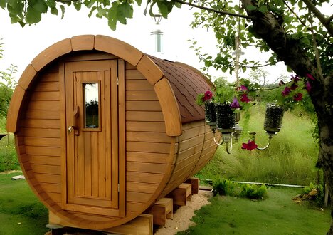 Fass sauna barrel sauna garden 46mm wall thickness with shingles for 4-6 people