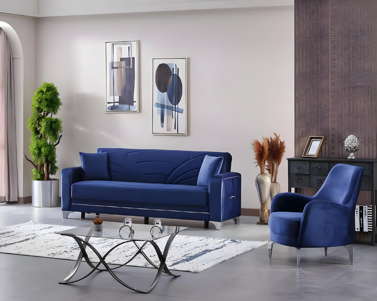 Blue Sofa Set 2-piece Complete Living Room Design Set 3+1 Seater Upholstered Furniture