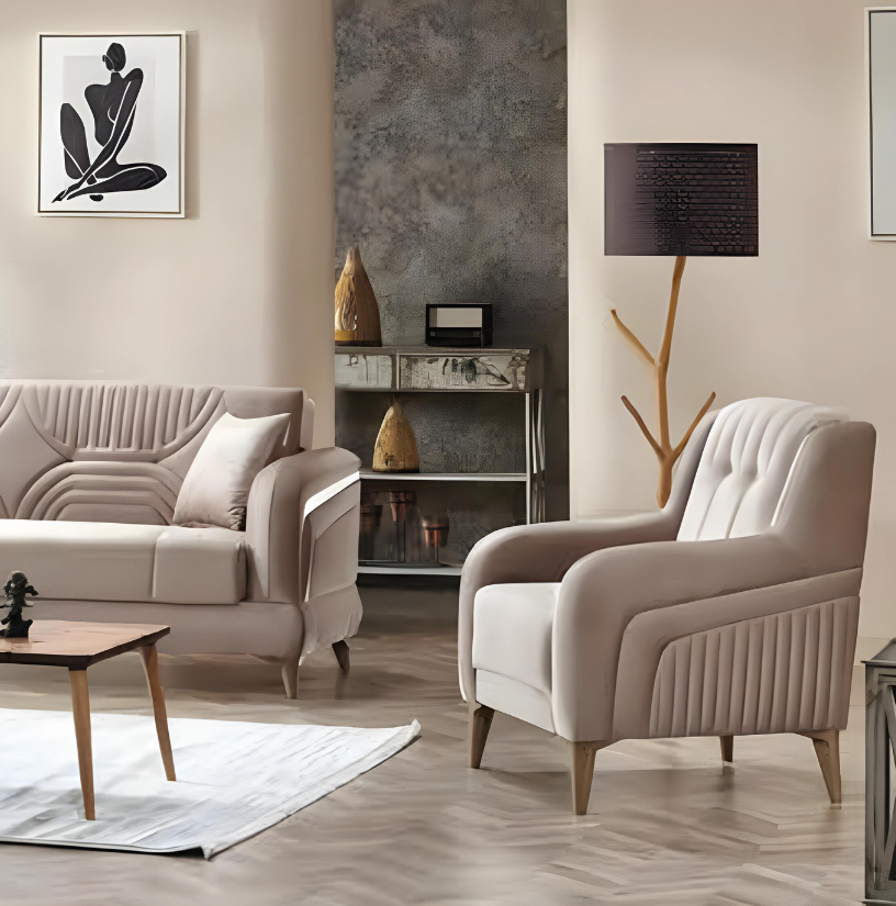 Beige armchair modern upholstered furniture living room design textile seating.