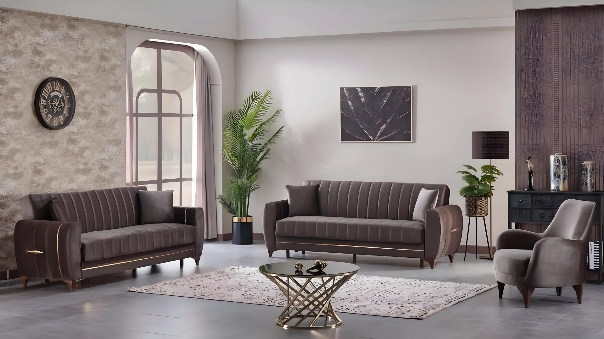 Modern sofa set 3-piece design textile brown design 3+3+1 living room