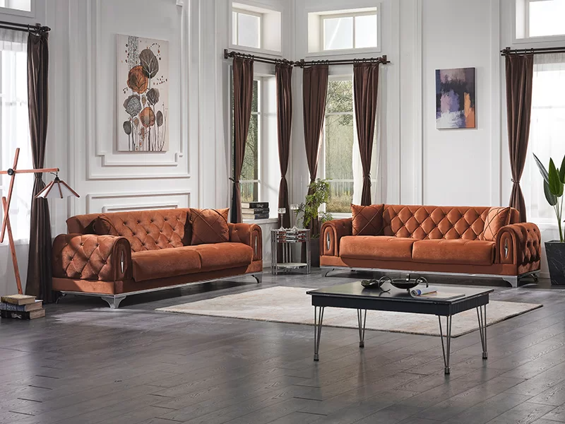 Luxury 2x Sofa Three-Seater Couch Chesterfield Living Room Brown Upholstered Furniture