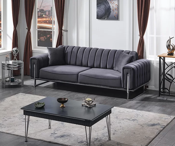 Luxury gray three-seater sofa couch living room Chesterfield seating upholstered furniture