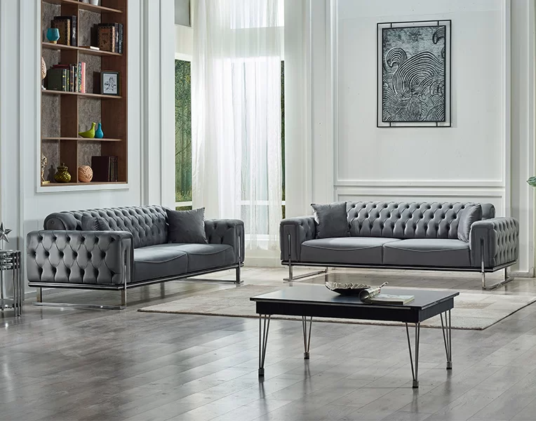 Luxury 2x Sofa Three-seater Couches Chesterfield Gray Upholstered Furniture Living Room