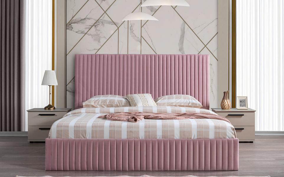 Luxury bed bedroom furniture 2x nightstands bed set decor pink 3-piece.