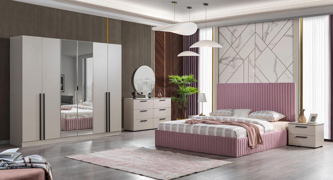 Modern bedroom combination furniture set bed chest of drawers 6 pieces.