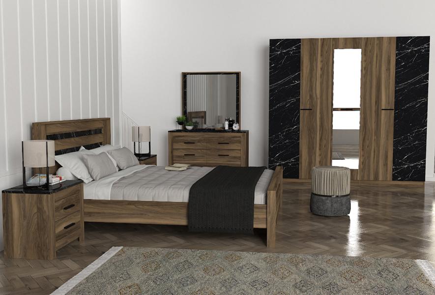 Bedroom set bed + 2 nightstands + dresser + wardrobe 5-piece brown luxury