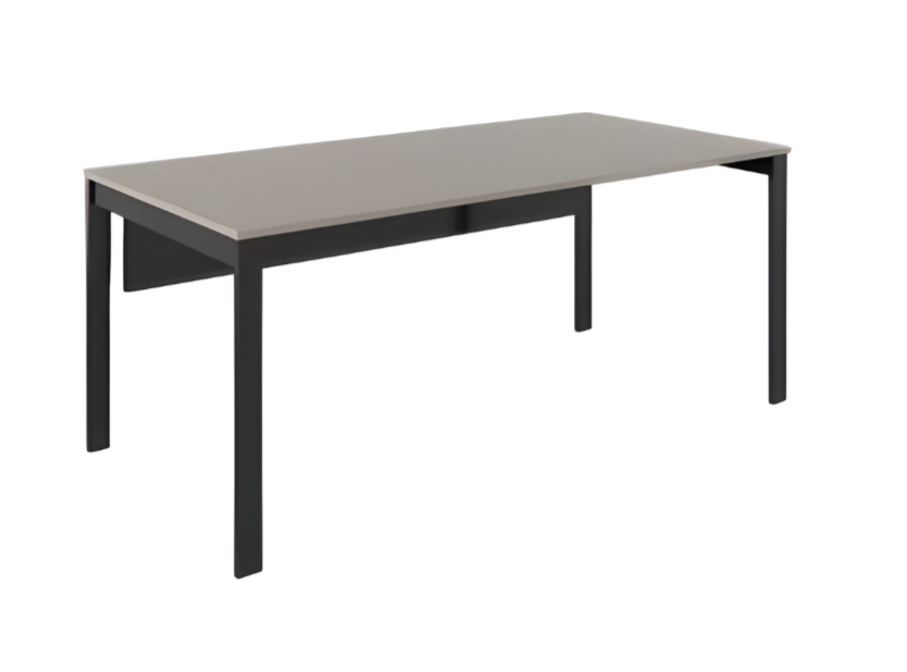 Designer work table with black gray legs, working environment, stainless steel.