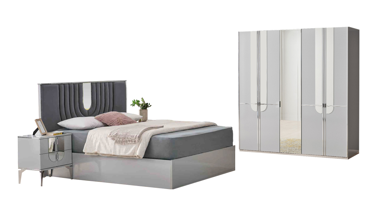 Double bed bedroom complete nightstands bed 4-piece gray wardrobe