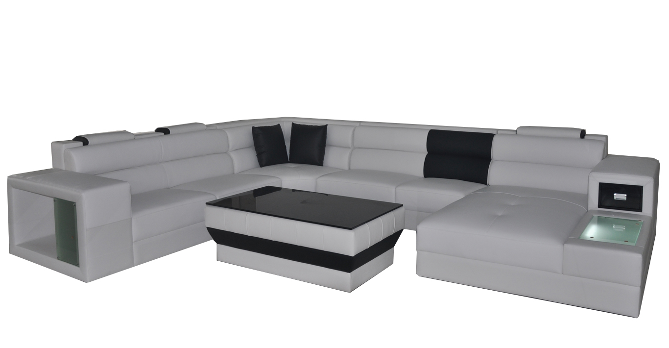 Corner sofa with lighting & USB connection Modern leather living landscape sofa upholstery