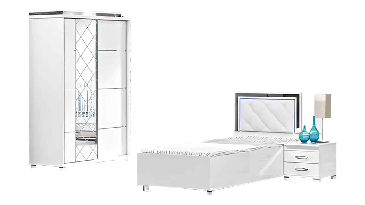 Bedroom furniture bed nightstand wardrobe 3-piece white single bed