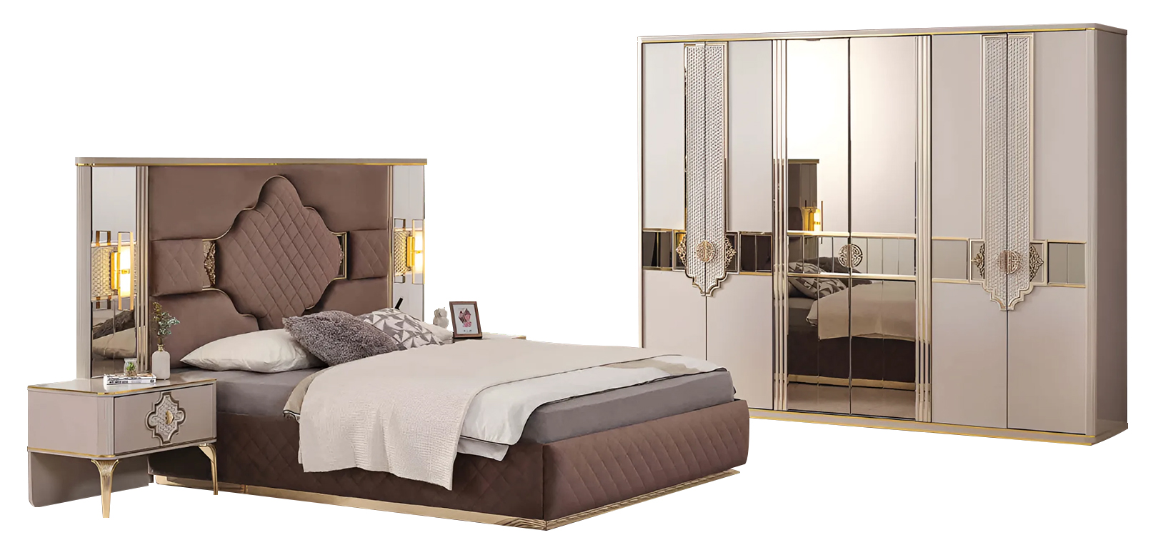 Brown-beige bedroom set wardrobe upholstered bed nightstands