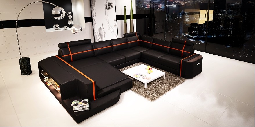 Corner sofa LED USB leather sofa modern couch U-shaped living landscape + lighting