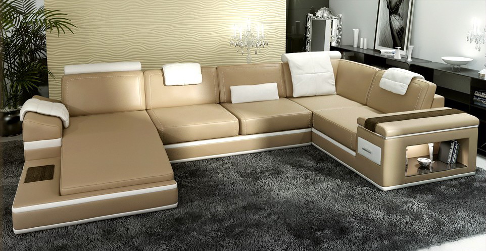 Corner Sofa Beige USB Couch Upholstered Leather Set Living Area Section LED