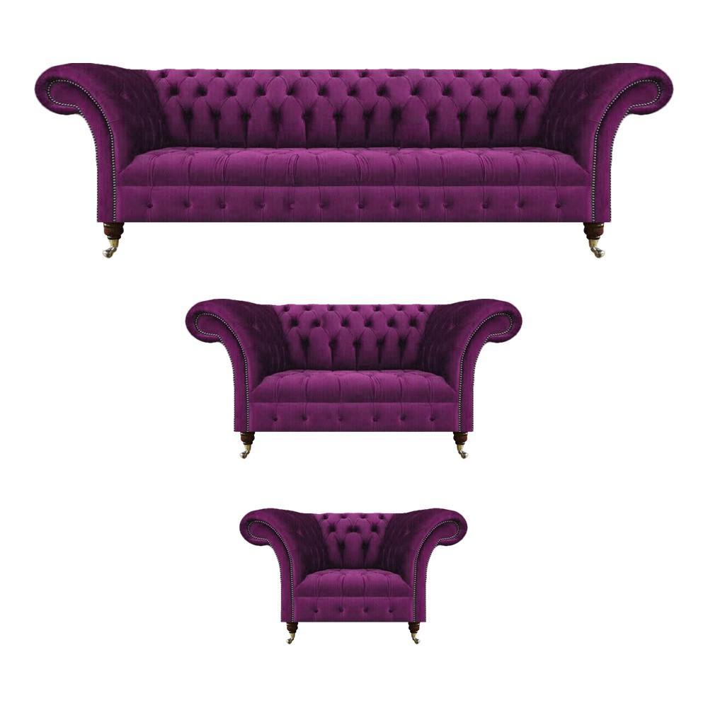 Living room purple sofa set 3-piece luxury textile upholstered furniture Chesterfield