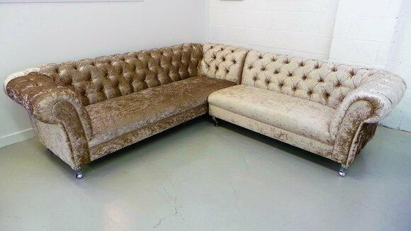 Classic Chesterfield Corner Sofa L-Shaped Beige Textile / Leather Upholstery Comfortable New