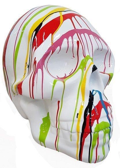 Abstract decorative sculpture designed as a gloss white skull with colorful stripes 58x44x66cm