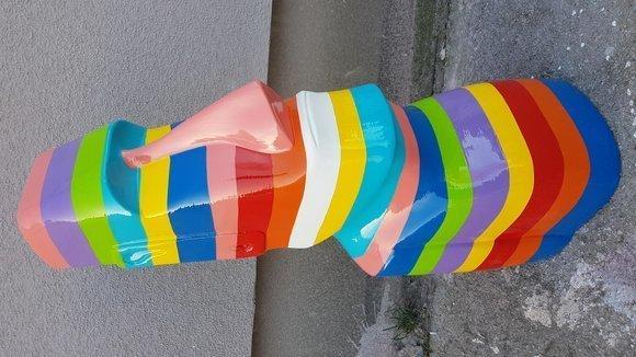 Abstract decorative sculpture designed as a gloss moai in colorful stripes 75cm A114A