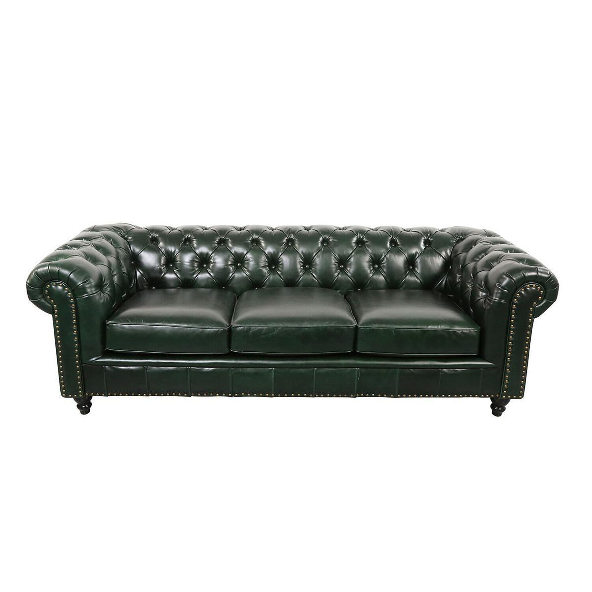 Premium Chesterfield Sofa Classic 3-Seater Green Faux Leather Glossy Cover With Cushions