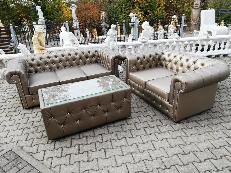 Chesterfield Sofa set 3+2 Seaters + Coffee Table Faux Leather Gold Glass New Living Room