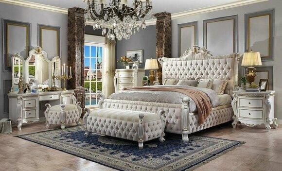 Classic rococo style bedroom set of chesterfield design double bed & 2x-bedside tables