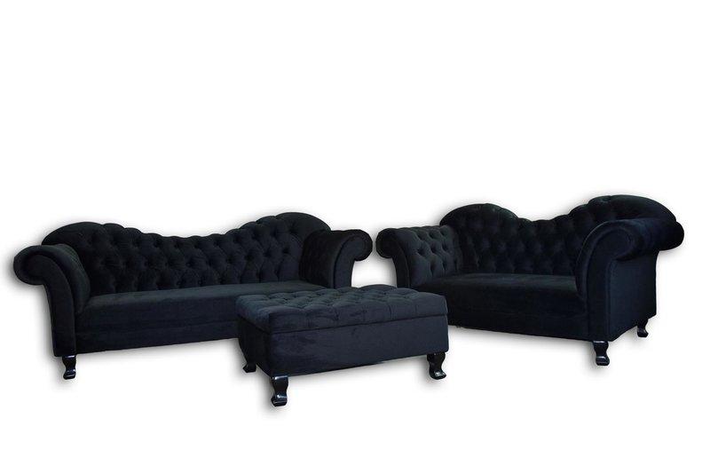 Designer Chesterfield sofa set textile 3 + 2 + Stool couch upholstery sofa new Black