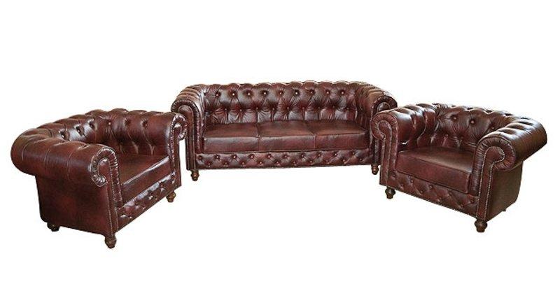 Chesterfield Classic 3+1+1 Seaters Sofa Set Brown Faux Leather Upholstery Luxurious Design Comfortable Seats New Couches "SCOTLAND"