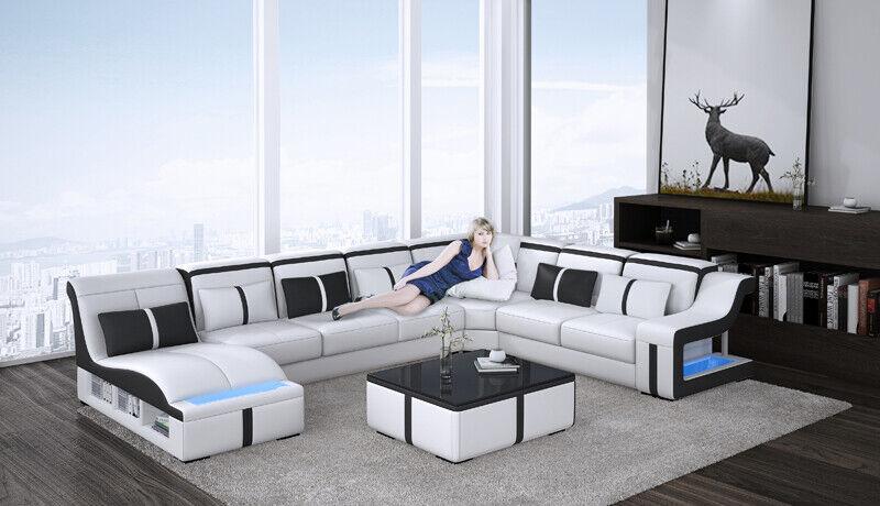 Design corner sofa U-shaped illuminated couch leather textile sofa new living area LED