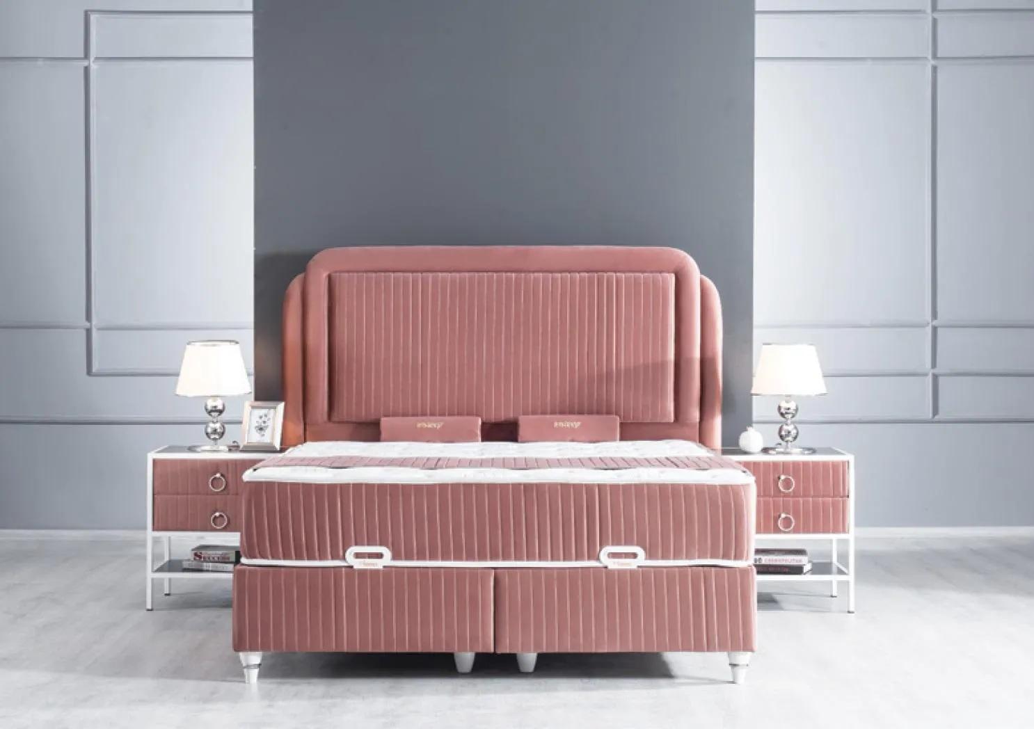 Bedroom Set Pink Metal Bed Style 2x Bedside Tables Modern 3pcs.