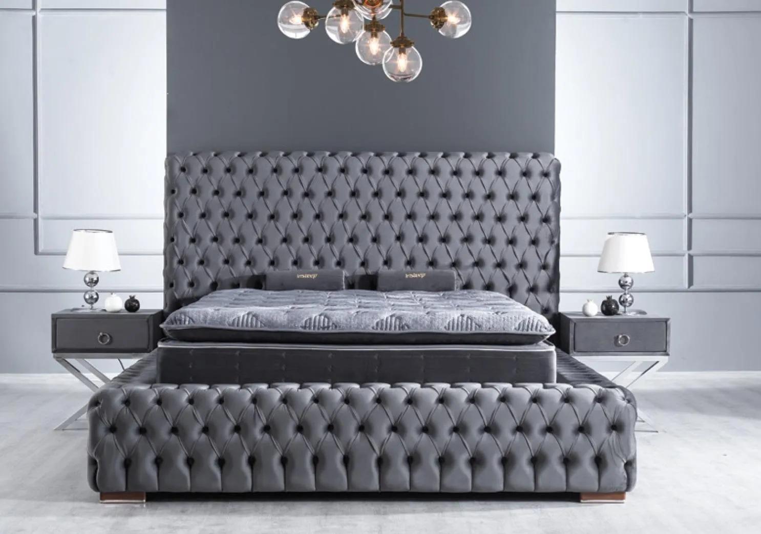 Bedroom Chesterfield bed 3pcs. 2x bedside tables velvet with mattress