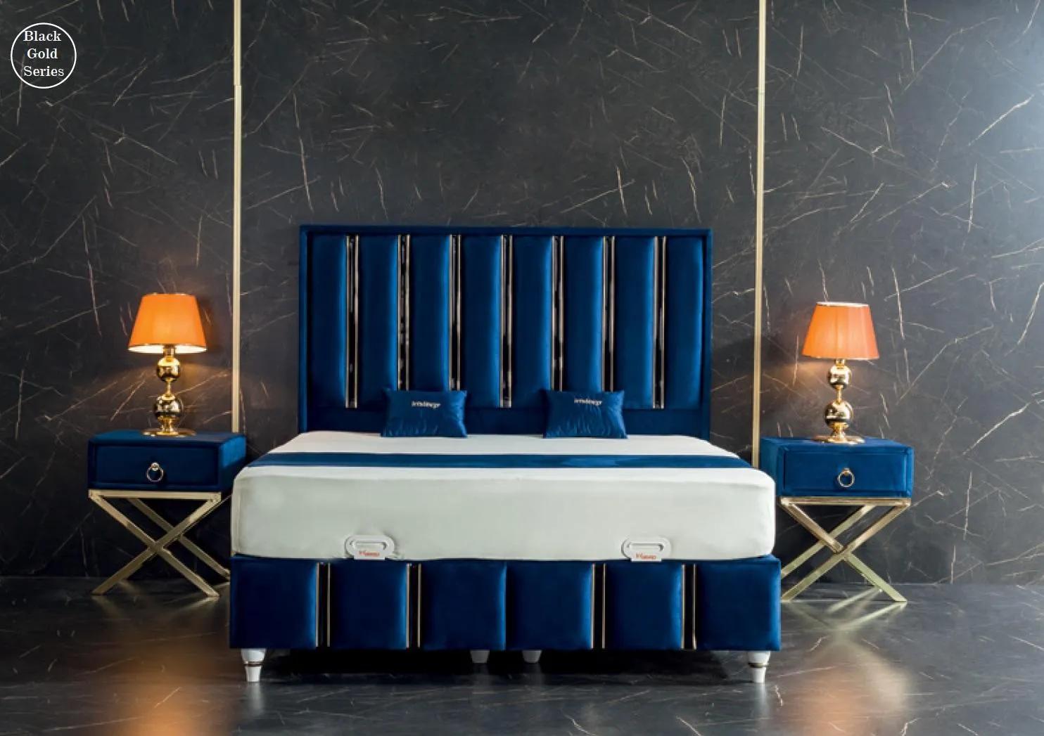 Bedroom Set Blue Metal Bed Elegant Style 2x Bedside Tables 3pcs.