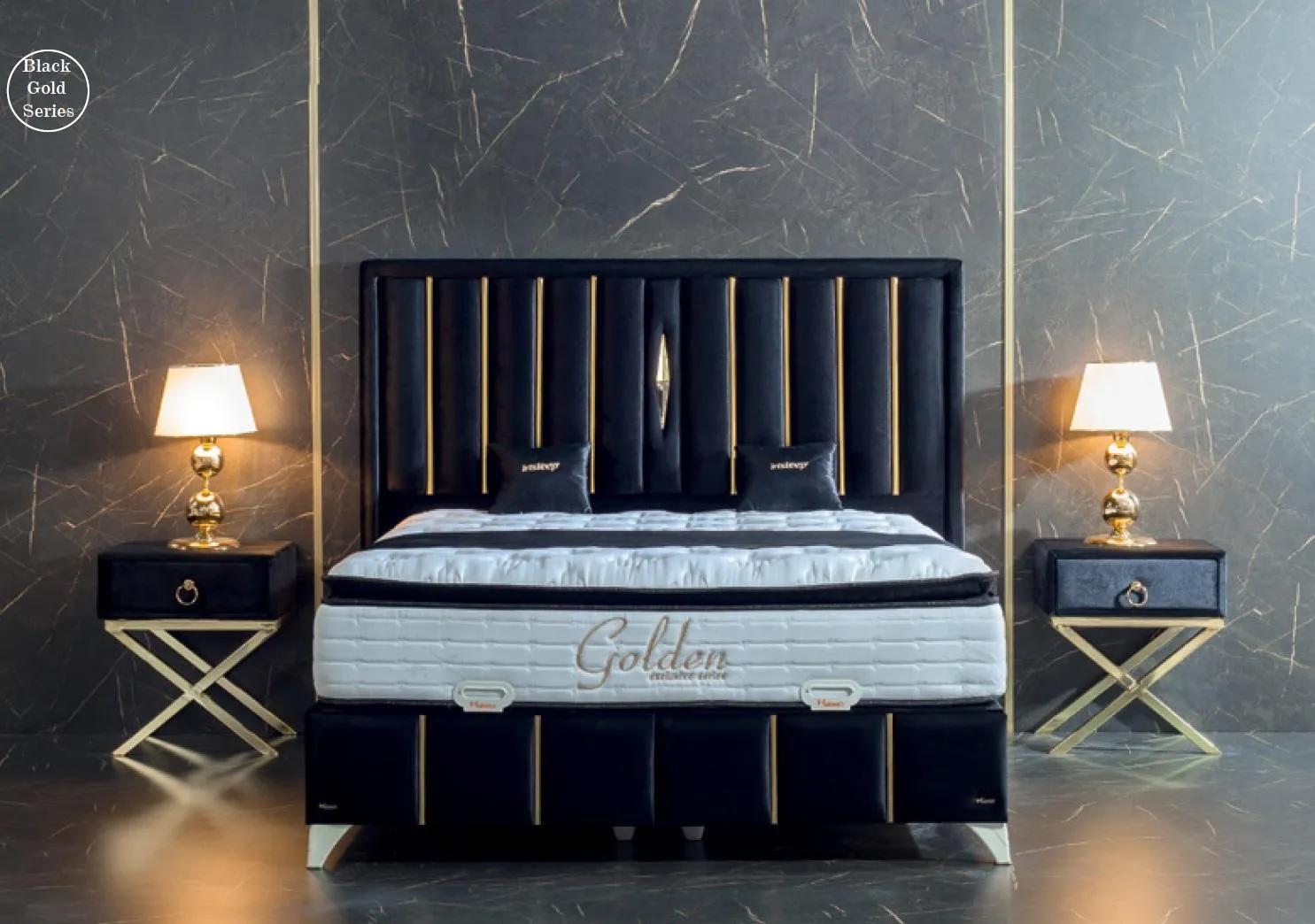 Luxury bedroom velvet metal double bed 2x bedside table furniture 3pcs.