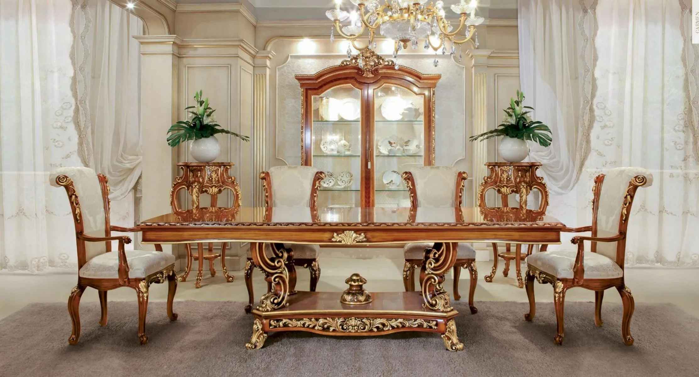 Dining set dining room dining table chair set brown baroque gold set 5pcs