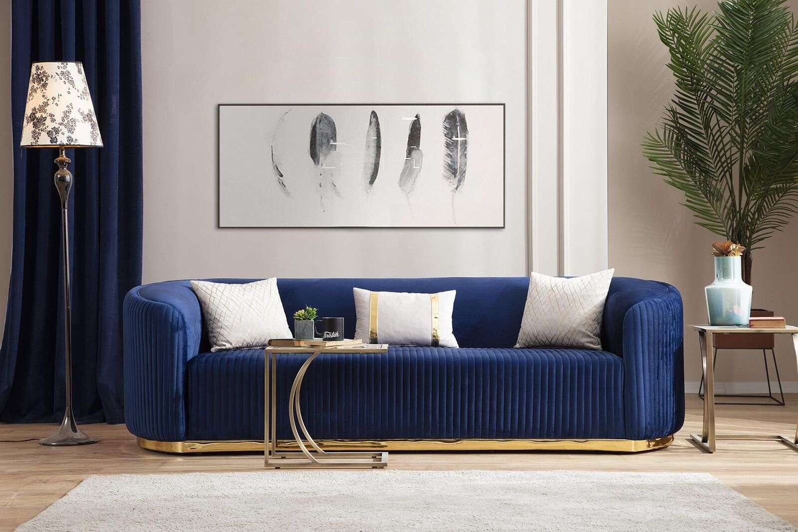 Stainless steel three-seater luxury sofa blue living room furniture upholstered sofas couches