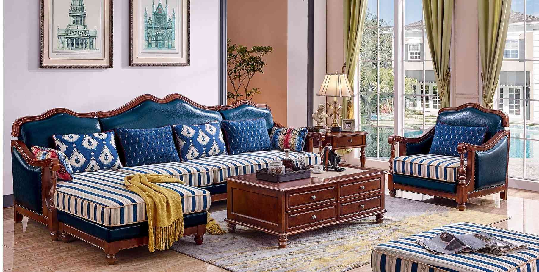 Blue Corner Sofa Couch With Armchair Colonial Sofa Furniture Antique Style Sofas