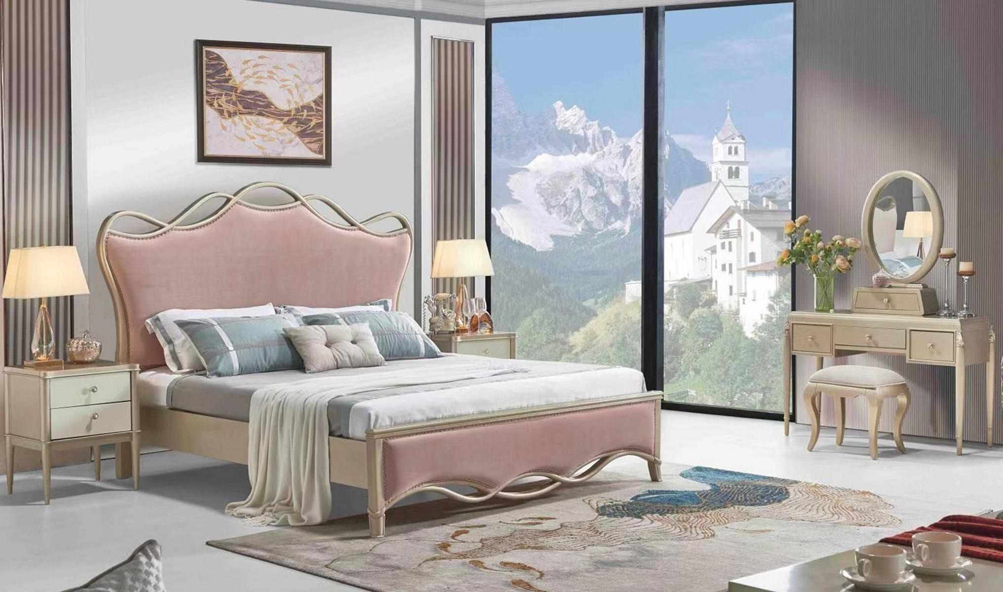 Pink Bed Double Bed 2x Nightstand Classic Beds Bedroom