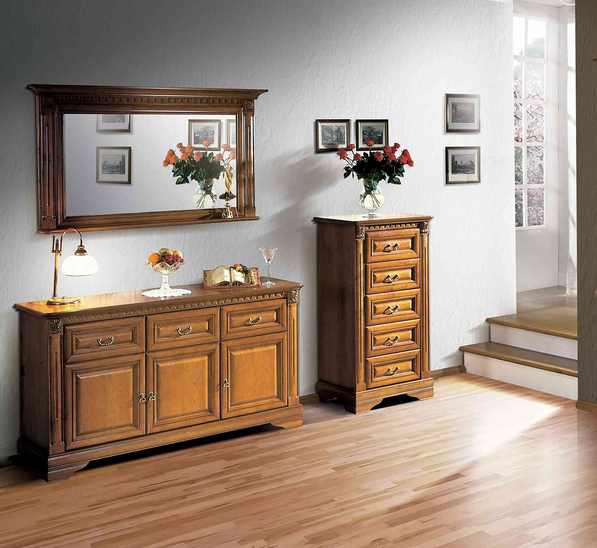 Cupboard Chest of drawers Mirror Material Wood Classic Set 3pcs Brown Country House