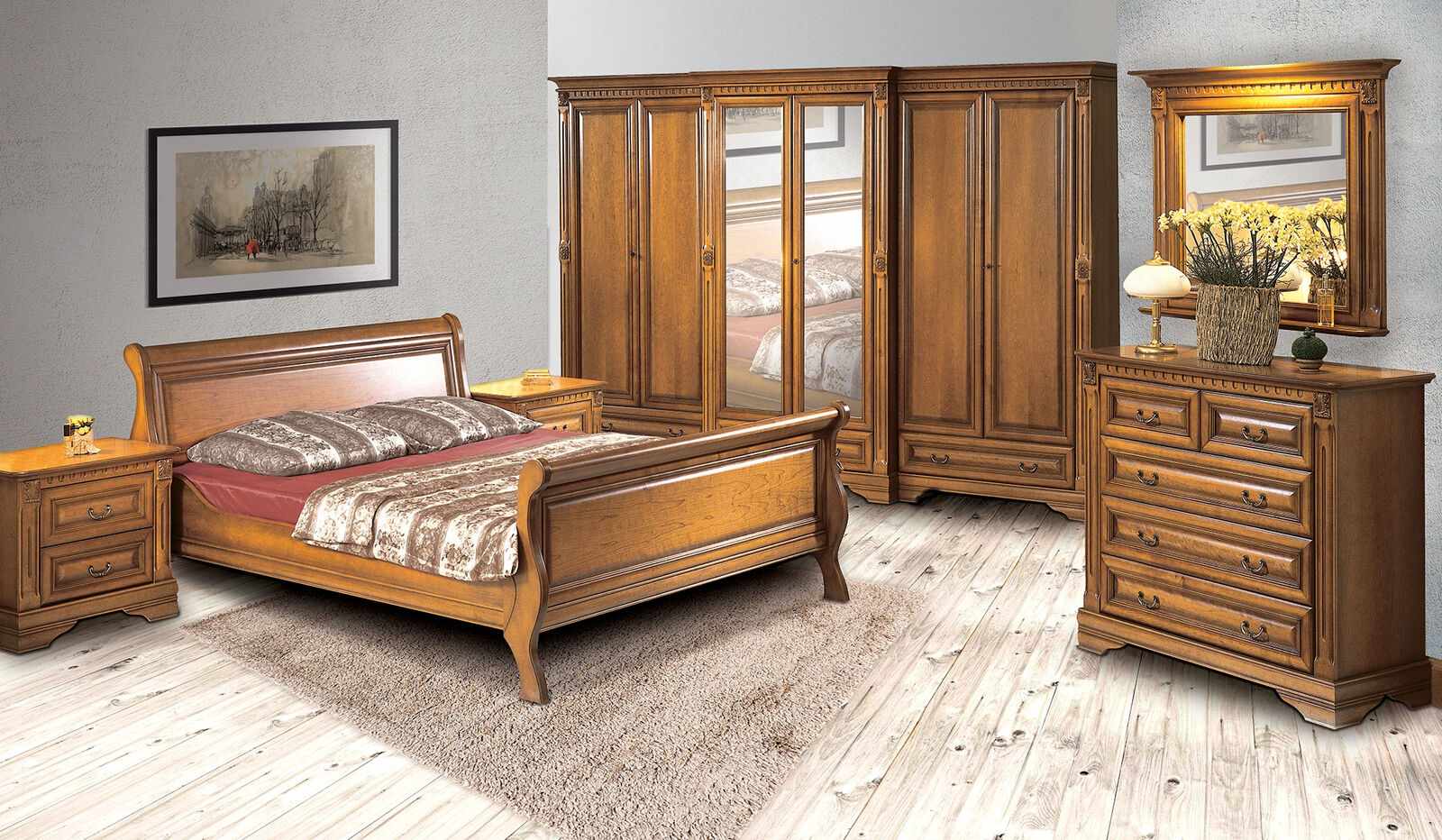 Country style bed 3pcs. with 2 bedside tables wood furniture bed set brown