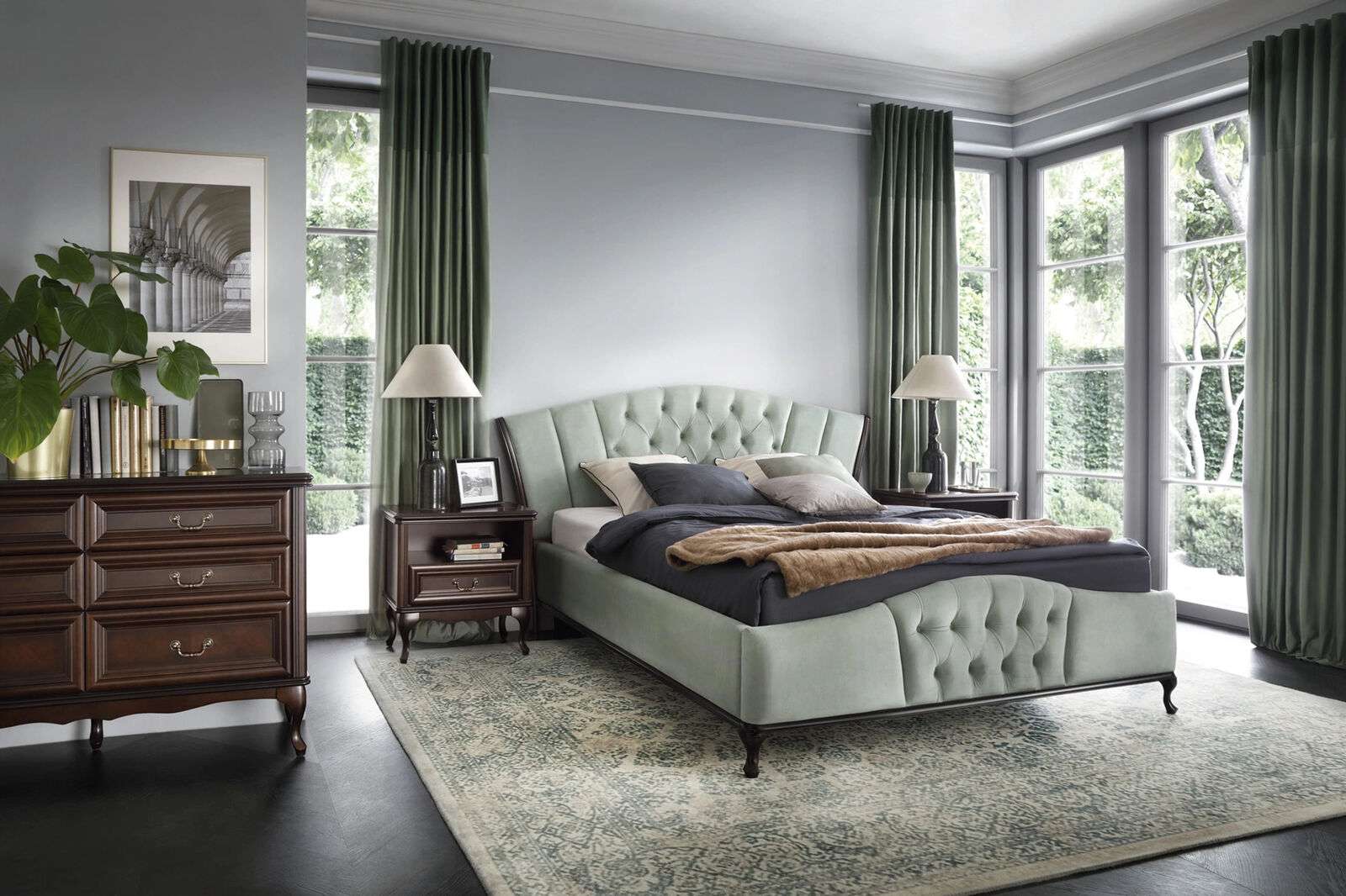 Green Chesterfield bed with wooden bedroom furniture Beds Royal